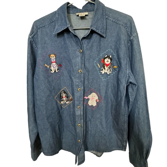 Vintage Mary Jane Rayon Blend Denim Jean Button Down Funky DOGS Shirt Women’s M - Picture 1 of 7